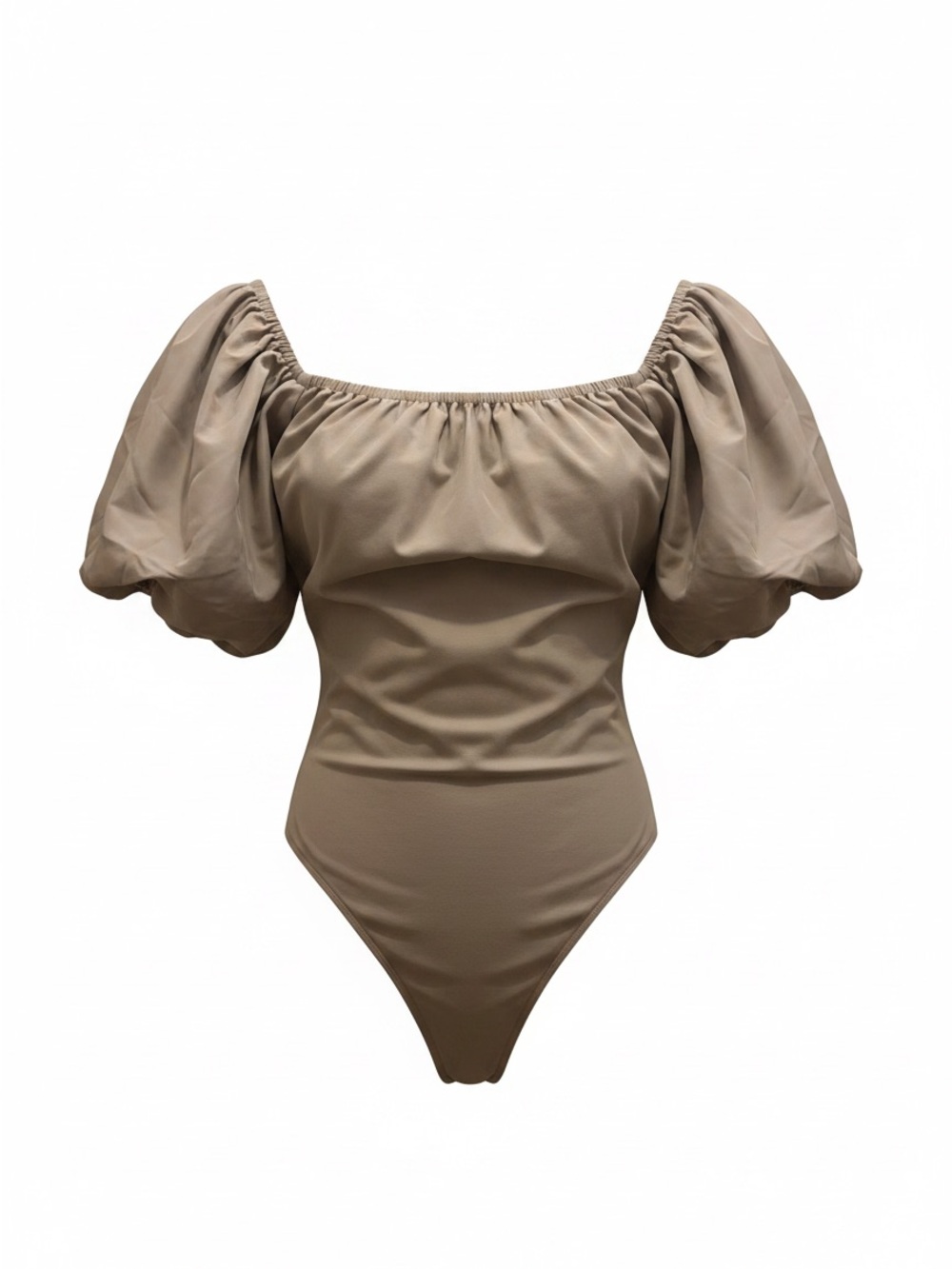 Express Puff Sleeve Off-Shoulder Bodysuit in Taupe
